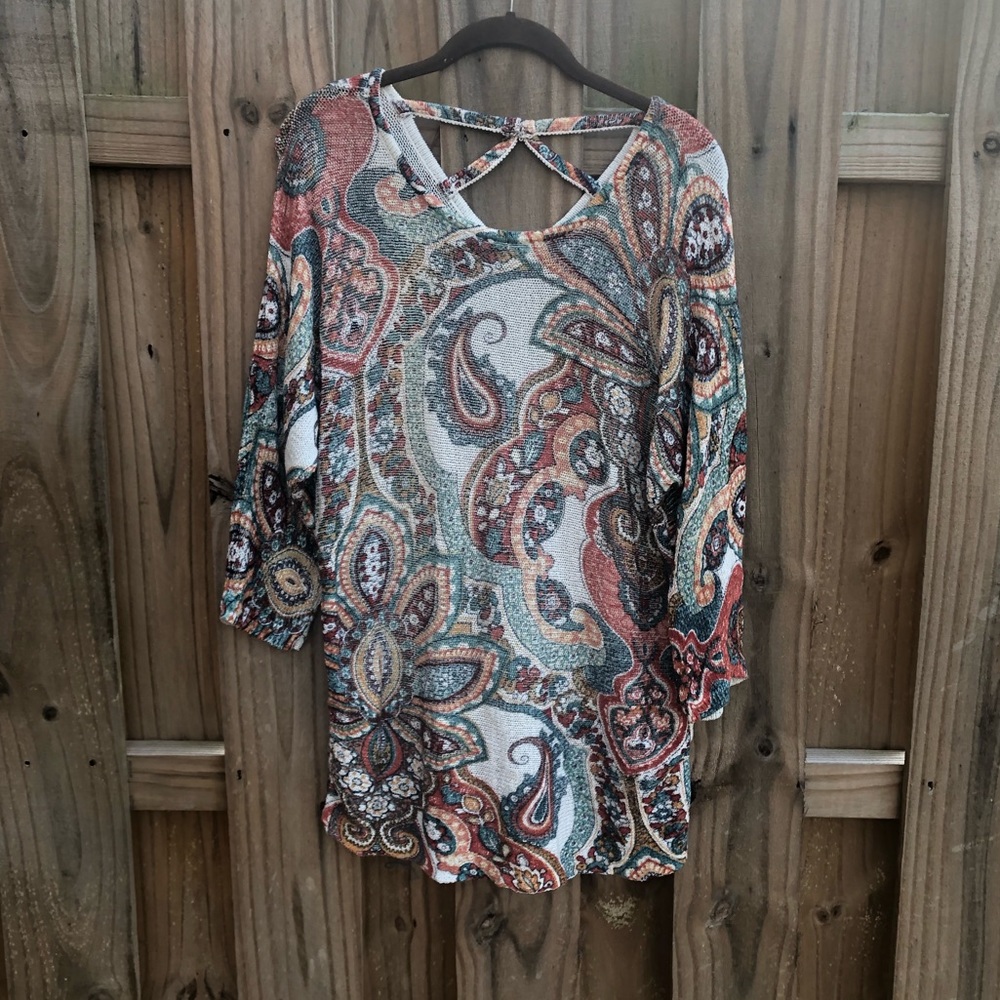 Paisley Print Women's Sweater Top in Rust & Teal